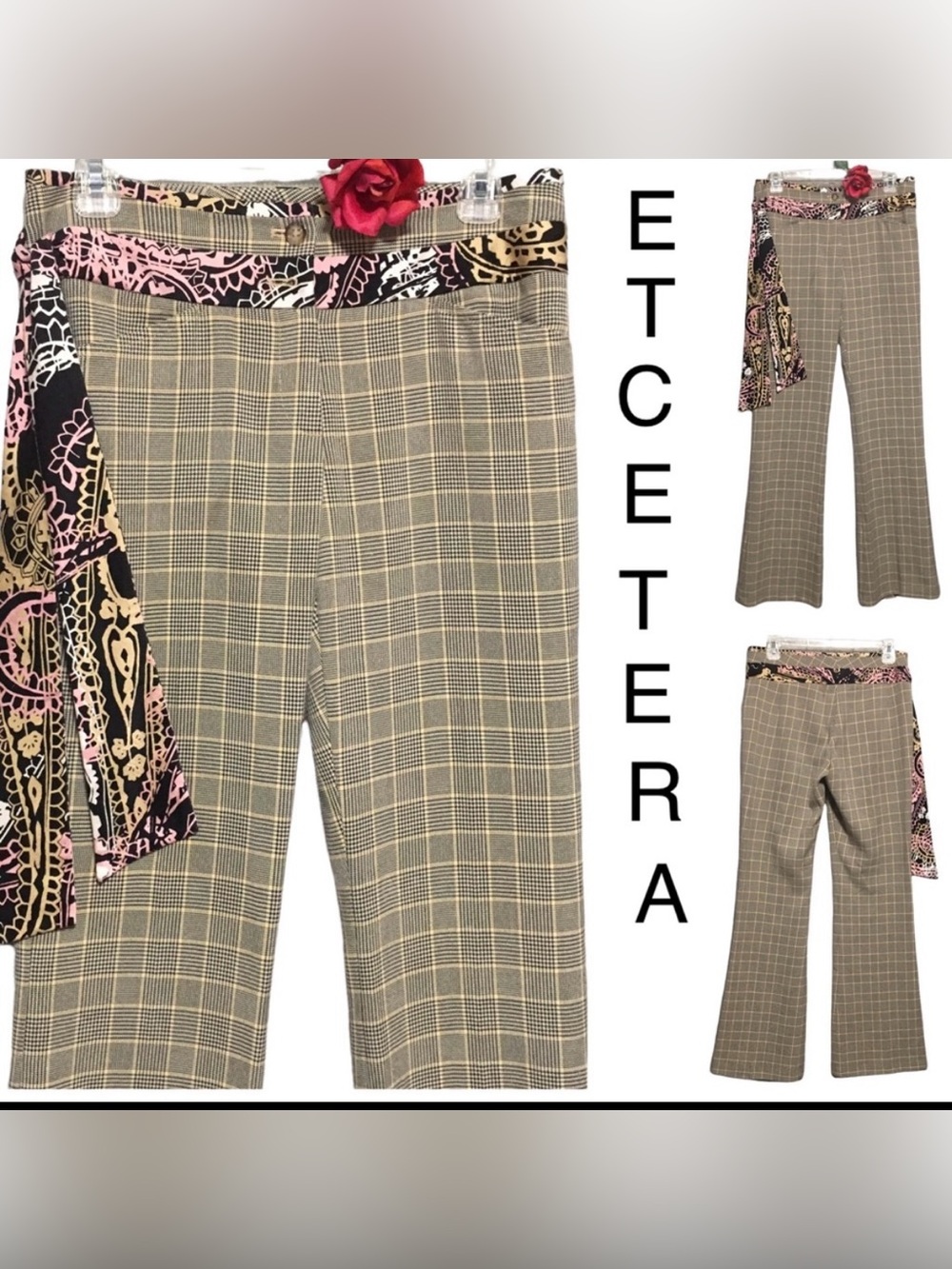 Etcetera Tan Plaid Flare Leg Trousers with Printed Scarf Belt Sz 2 Like New